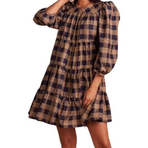 Summersalt The Luxe Pima Puff-Sleeve Mini Dress Tiered Checkered Blue Tan L NWT - Picture 1 of 6